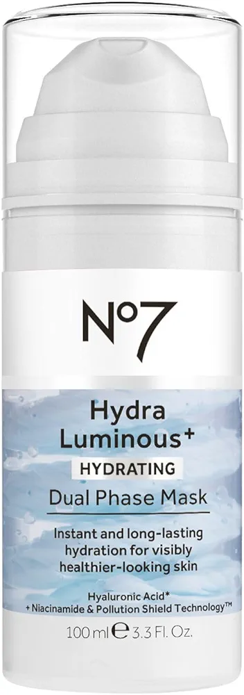 No7 HydraLuminous+ Hydrating Dual Phase Face Mask - Hyaluronic Acid Overnight Face Mask with Vitamin B3 Niacinamide for Skin Barrier Repair & Radiant-Looking Skin (3.5 Fl Oz)