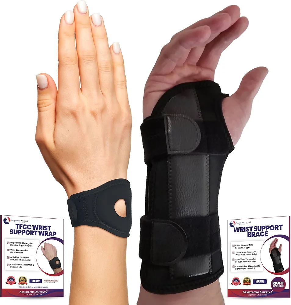 ARMSTRONG AMERICA Wrist Brace For Carpal Tunnel Right Hand + Wrist Wrap Compression Wrist Brace For TFCC Tears - Small