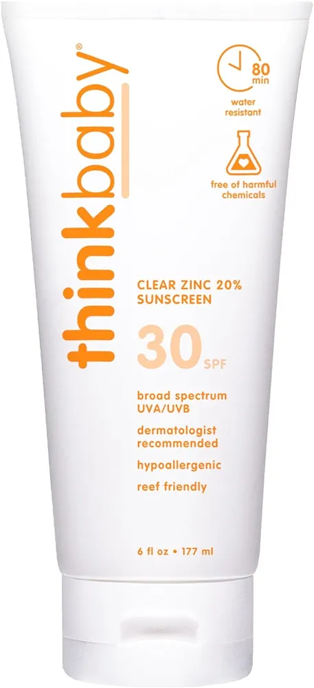 Thinkbaby SPF 30 Clear Zinc Sunscreen – Hypoallergenic Baby Mineral Sunscreen Lotion – Safe, Natural, Waterproof Zinc Oxide UVA/UVB Sun Protection for Kids, Value Size, 6 Fl oz