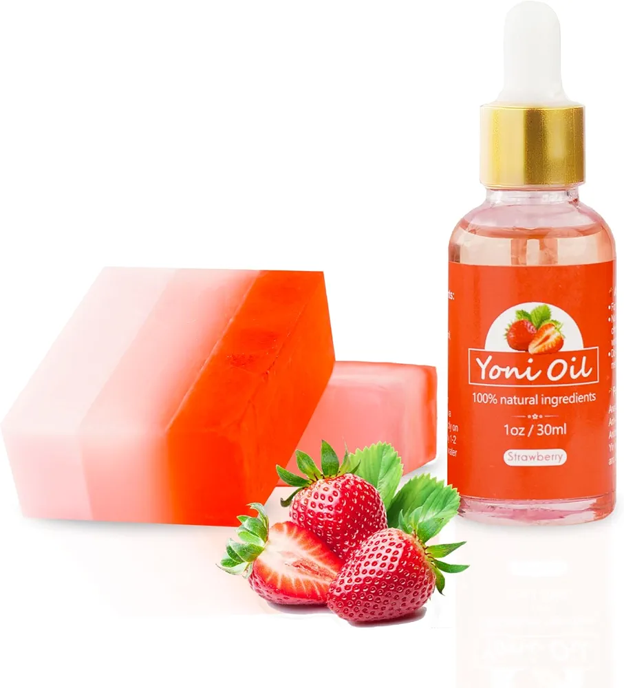 Strawberry Yoni Soap Bar Yoni Oil Set for Feminine Wash, Yoni Wash for PH Balance Vaginal Odor Eliminator, Natural Organic Feminine Care Products, Yoni Bar Soap Bath Soap 150g*2, Pefume Oil 1 fl.oz