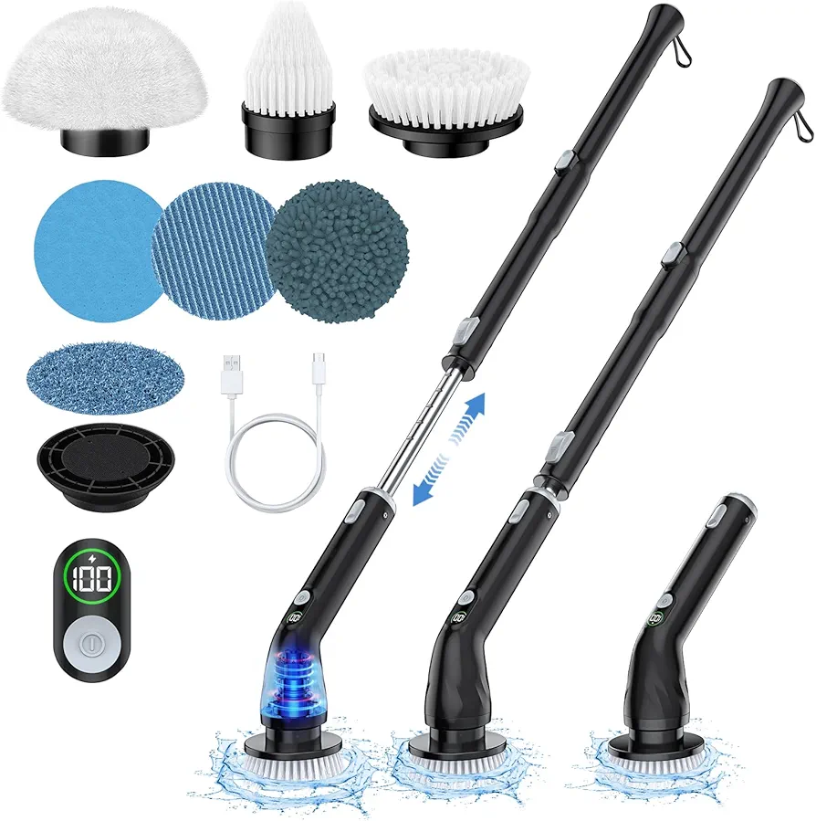 Electric Spin Scrubber, Dual Speeds Cleaning Brush Scrubber with 6 Replaceable Brush Heads and Display, Cordless Power Scrubber with Adjustable & Detachable Handle for Bathroom Shower Bathtub