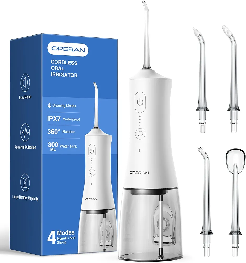 Operan Water Flossers for Teeth Cleaning Upgraded 300ml Cordless Water Dental Flossers Portable Rechargeable Oral Irrigator with 4 Modes 4 Jet Tips IPX7 Waterproof Water Floss for Home Travel (White)