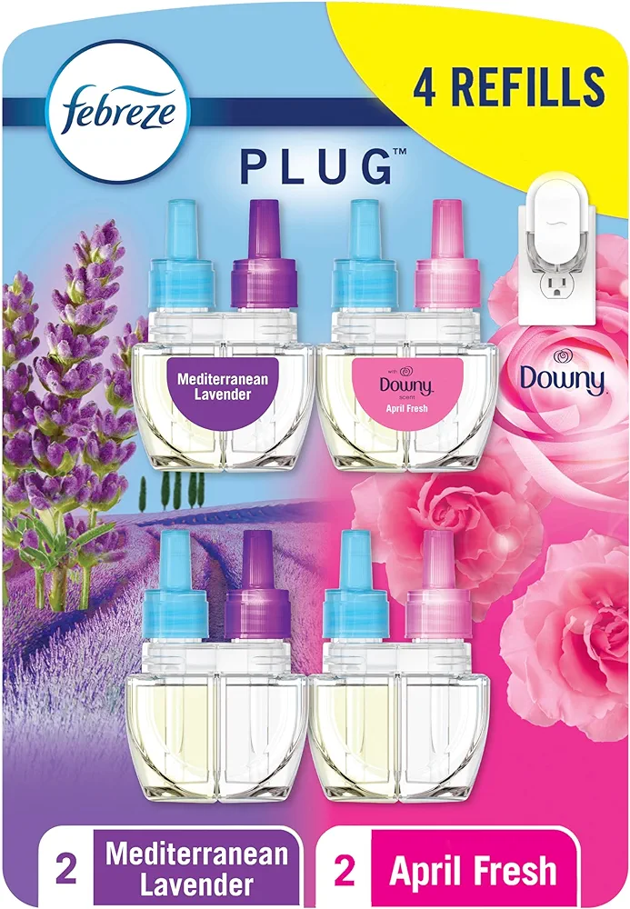 Febreze Odor-Fighting Fade Defy PLUG Air Freshener,Downy April Fresh, Mediterranean Lavender, 87 fl. oz. Oil Refills, 4 Refills (2 of Each)