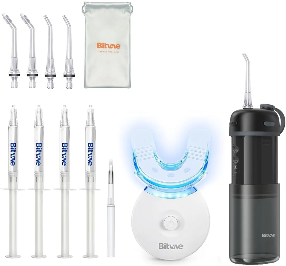 Bitvae Teeth Whitening Kit ＆ Portable Mini Water Flosser Bundle, Teeth Whitening Light with 4 Gel，Cordless Water Teeth Cleaner Picks for Travel