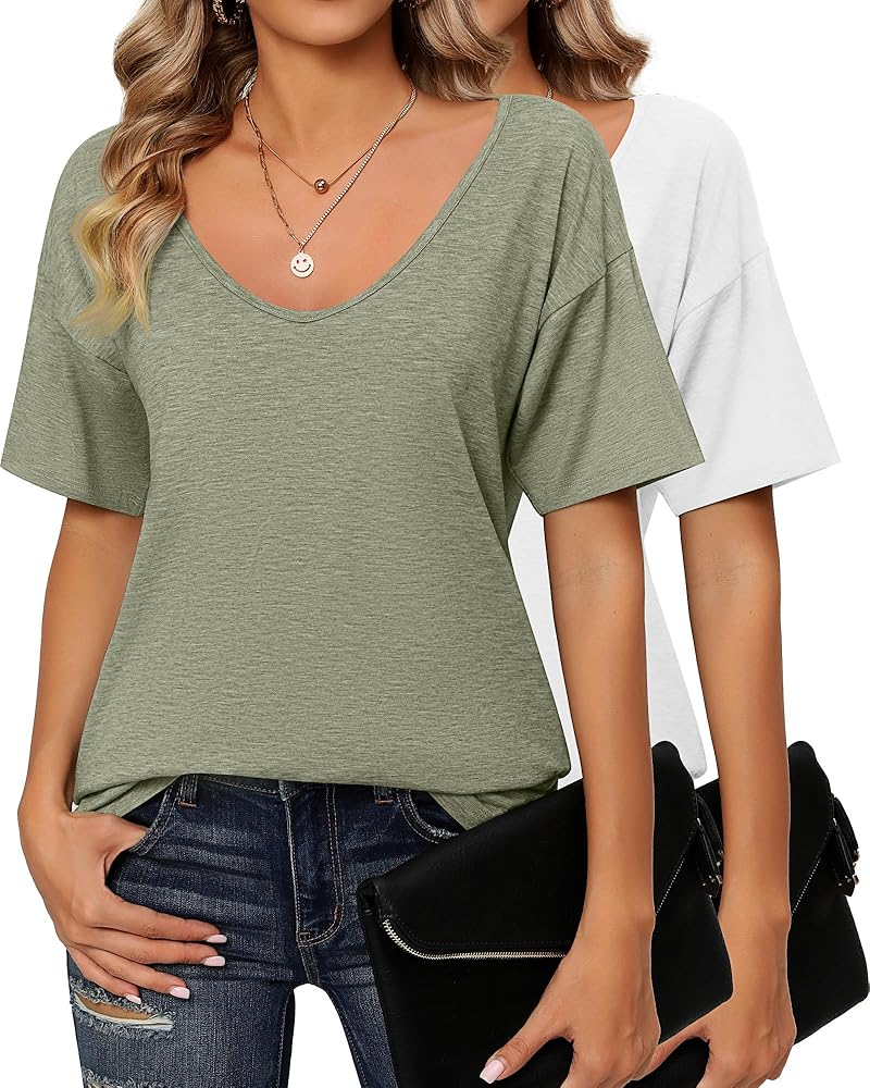 Ficerd 2 Pack Women's Half Sleeve T Shirts V Neck Short Sleeve Tops Solid Casual Loose Basic Blouses Drop Shoulder T Shirt