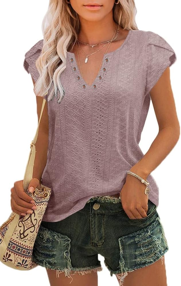 Womens Summer Tops Casual Country V Neck Tee Shirts Petal Sleeve Fashion Loose Blouse