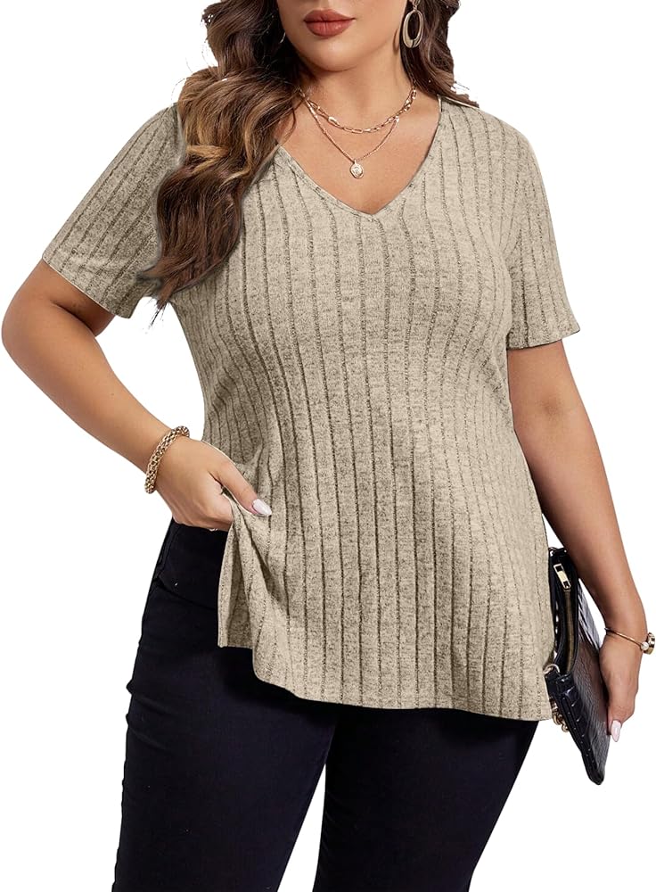 Plus Size Tops for Women Short Sleeve Tunic Tops Blouses Casual Cute Shirts for Curvy Womens V Neck Plain Outfits 1-5Xl