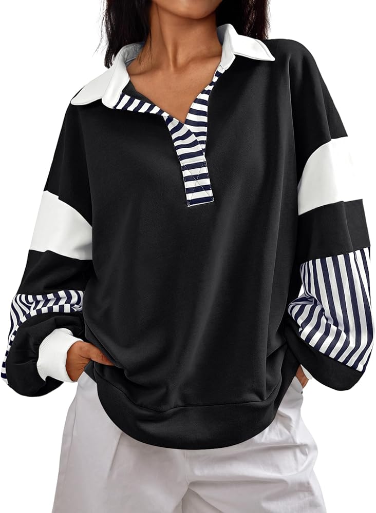 AUTOMET Womens Oversized Sweatshirts Striped Color Block Long Sleeve V Neck Pullovers Fall Fashion Clothes Outfits 2024