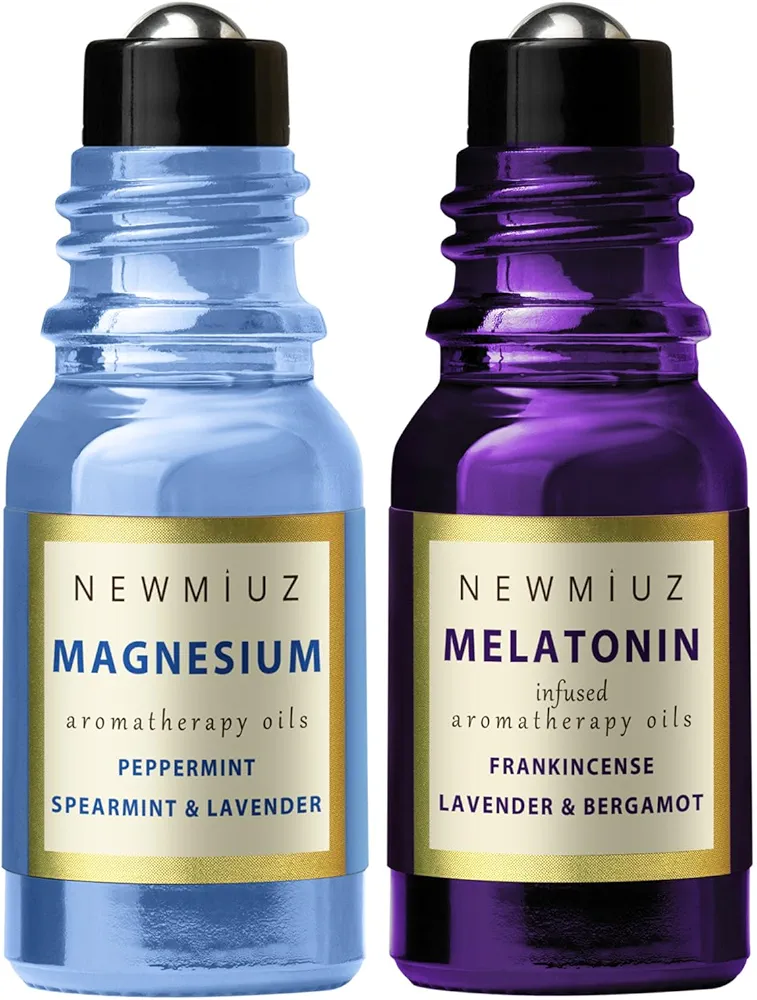 Migraine Roll-On Essential Oil Blends Anti Stress Magnesium Peppermint Spearmint and Lavender & Deep Sleep Melatonin Stick Lavender Bergamot Frankincense, Pack of 2