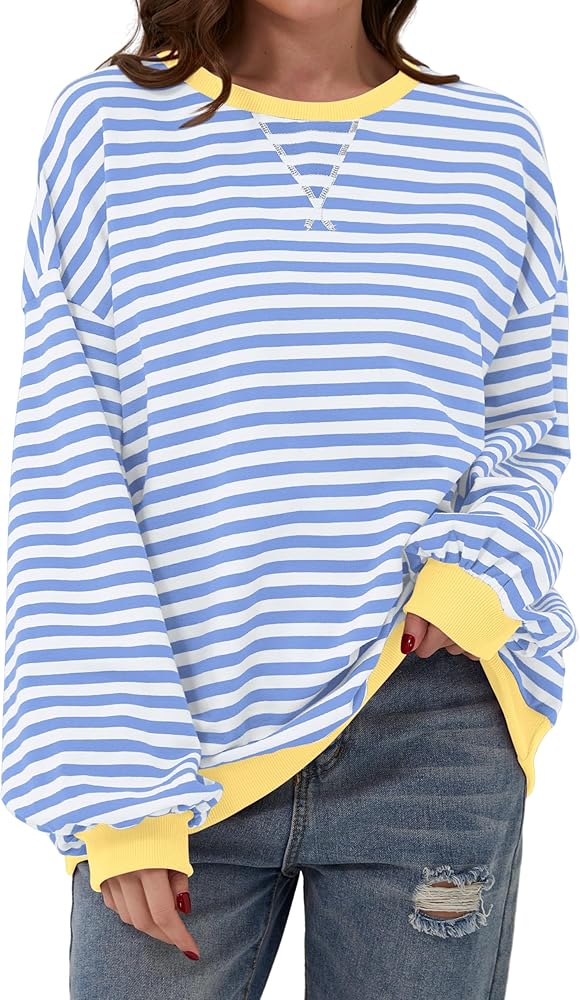 Labolliy Women Striped Oversized Sweatshirt Color Block Crew Neck Long Sleeve Shirt Casual Pullover Top Fall Y2K Clothes