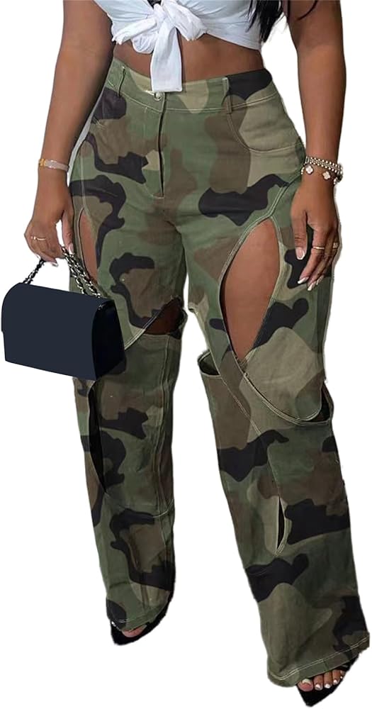 YOOTIKO Womens Camo Cargo Pants High Waisted Army Fatigue Loose Straight Wide Leg Camouflage Trousers Streetwear