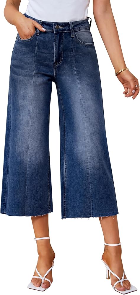 GRAPENT Jean Capris for Women Wide Leg Jeans High Waisted Seamed Front Raw Hem Denim Capri Pants Stretchy