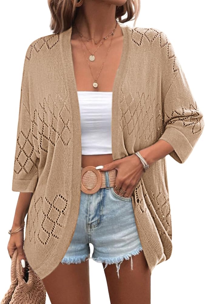 Zeagoo Womens 2024 Lightweight Crochet Cardigan Sweaters Open Front 3/4 Sleeve Knit Kimono Summer Boho Cover Up