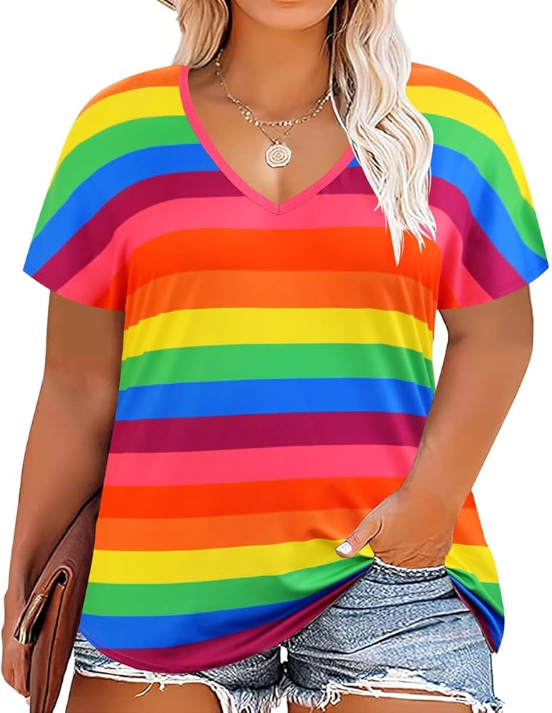 TIYOMI Plus Size T Shirt for Women Short Sleeve Loose Casual Blouse Soft Tops Tie Dye Print Soild Color Shirts XL-5XL 14-28