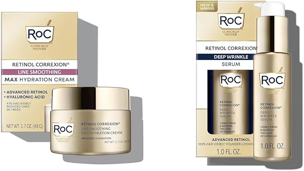 RoC Retinol Correxion Max Daily Hydration Anti-Aging Face Moisturizer, 1.7 Ounces Retinol Correxion Deep Wrinkle Retinol Face Serum, 1 Ounce Bundle (Packaging May Vary)