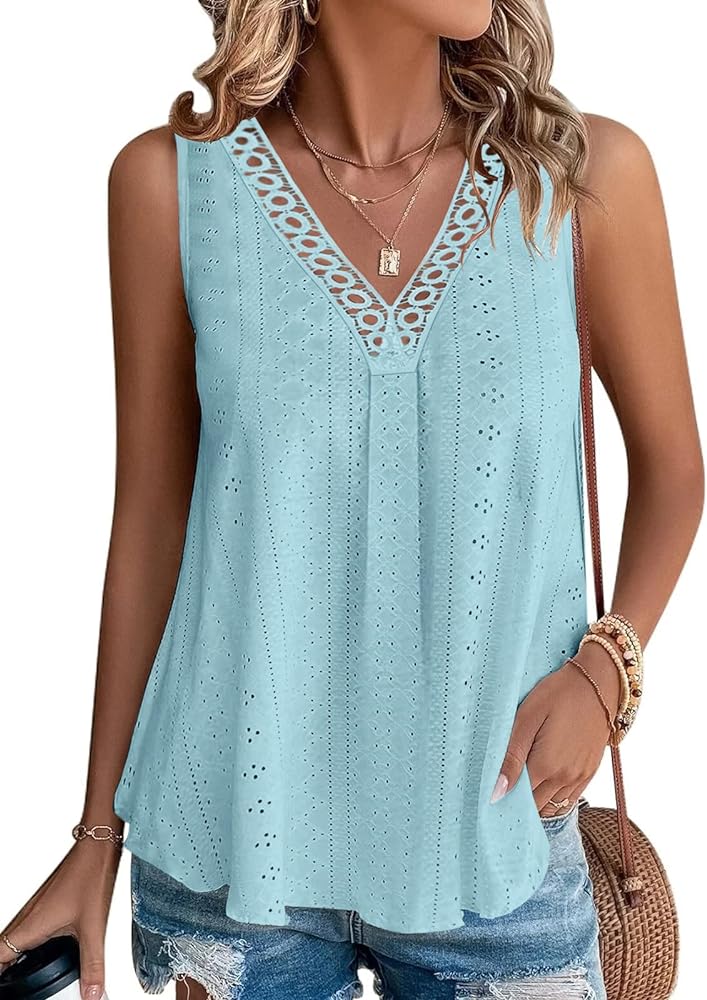 Women Summer Tops 2024 Trendy Sleeveless Tank Tops Dressy Casual Cute Loose Fit Lace V Neck T-Shirt Blouse Tunic…