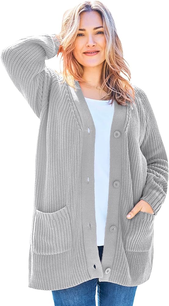 Woman Within Women's Plus Size Button-Front Shaker Cardigan