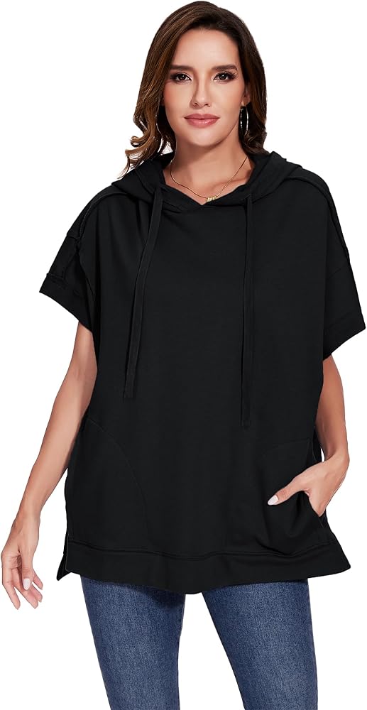 Anna-Kaci Womens Oversized Short Sleeve Hoodie Side Slits Pullover Sweater Top