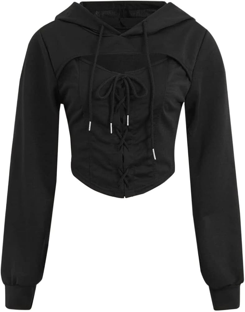 REDESYN sweatshirts for women - Solid Drawstring Cut Out Crop Hoodie