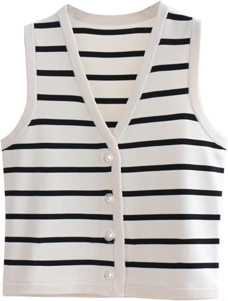 Womens Striped Knit Vest Dressy Sweater Trendy Sweater Sleeveless Button Down Tank Tops Summer