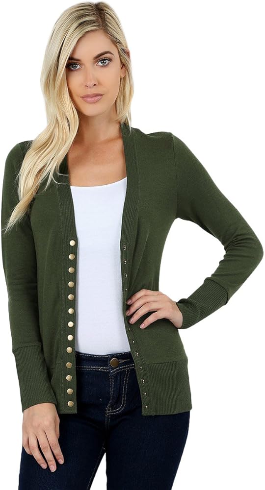 Cardigans for Women Long Sleeve Cardigan Knit Snap Button Sweater Regular & Plus - Army Green (X-Large)