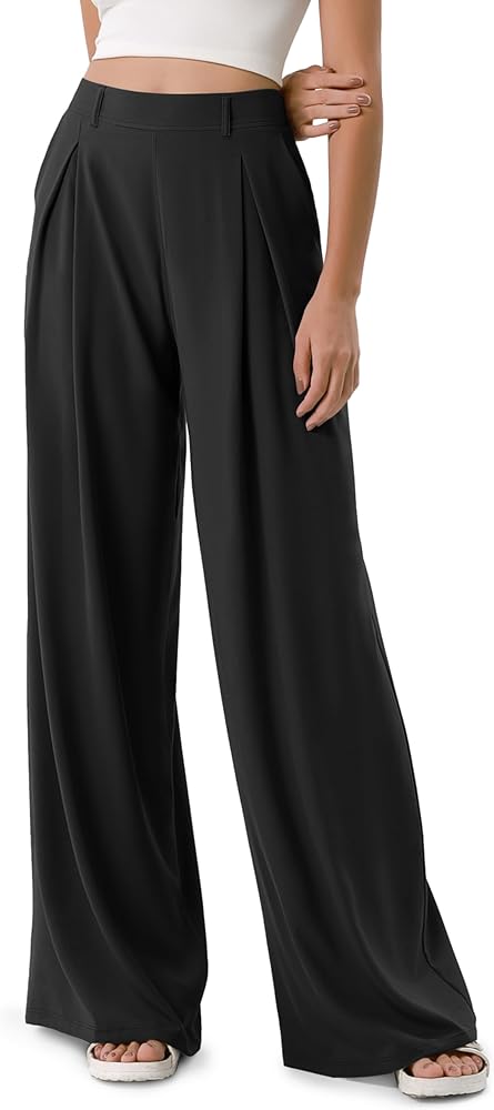 ODODOS Chiffon Flowy Pleated Wide Leg Pants for Women Built-in Shorts Lightweight High Waist Trouser with Pockets