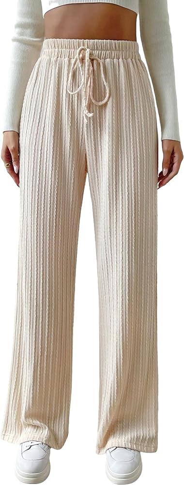 WDIRARA Women's Textured Drawstring Straight Wide Leg Pants Stretch Elastic High Waist Casual Long Trousers