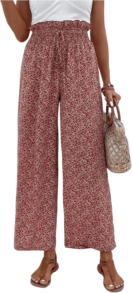 Women's Ditsy Floral Print Pants Wide Leg Resort Drawstring High Waist Boho Pants