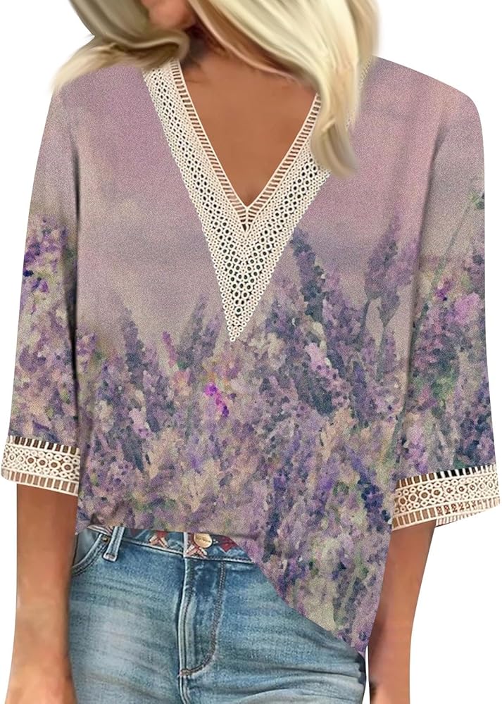 Tops for Women, Women Casual Loose Shirts Lace Trim V Neck Tops Print Tops T-Shirts Tee