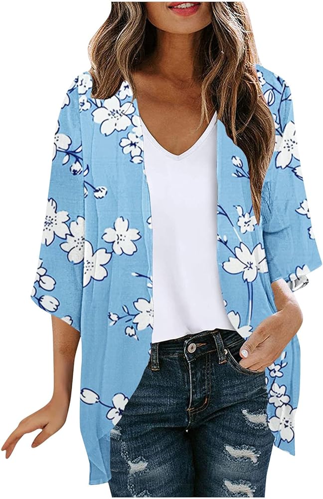 Womens Open Front Cardigans Lightweight Summer Boho Flowy Swimsuit Coverup Beach 3/4 Sleeve Floral Print Tops 2024