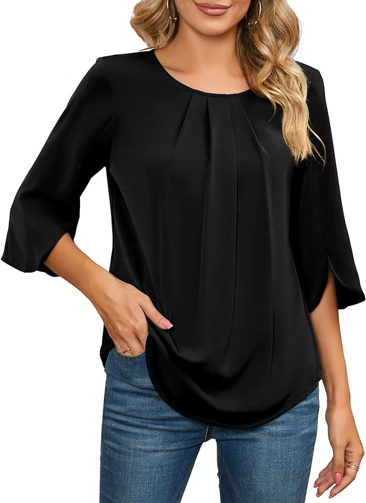 TASAMO Women's Summer Casual Blouse - Lightweight Scoop Neck Cute 3/4 Sleeve Curved Hem Loose Tunic Top for Leggings