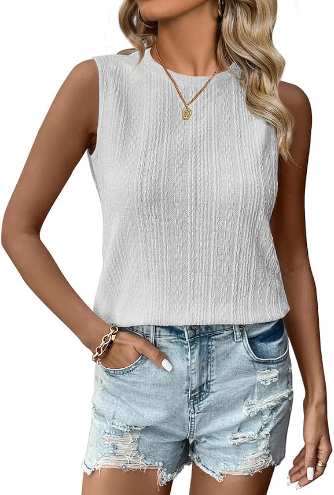 Womens Tank Tops Crew Neck Textured Sleeveless Shirts Casual Solid Loose Fit Tee Summer Basic Tops Blouses