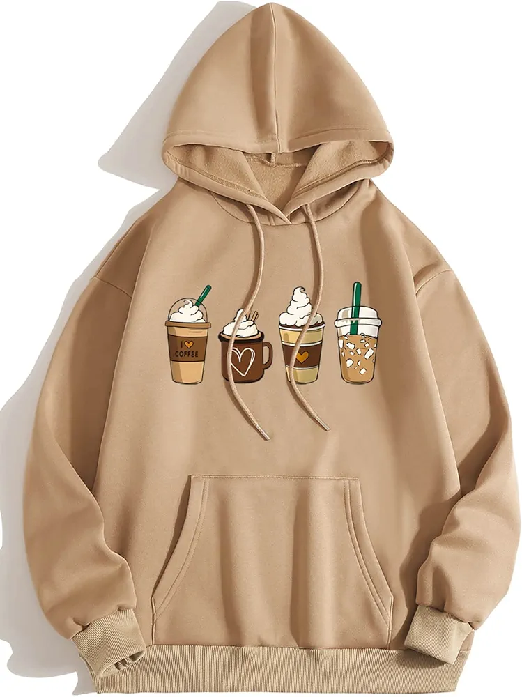 ABZEKH Women Sweatshirts Fashion Sweatshirts Coffee and Slogan Graphic Kangaroo Pocket Drawstring Thermal Hoodie (Color : Khaki, Size : Large)