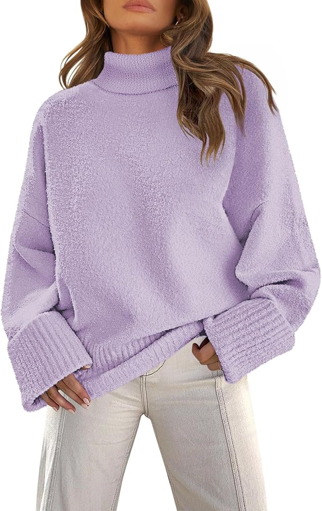 MEROKEETY Women's Turtleneck Fuzzy Knit Pullover Sweaters Long Sleeve Oversized Casual Jumper Tops