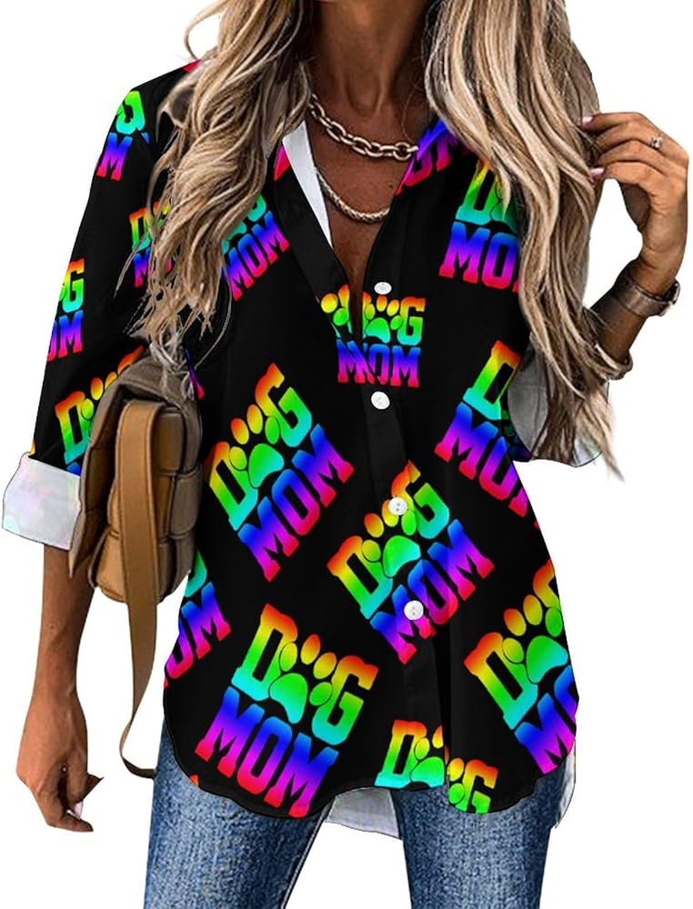 Dog Mom Rainbow Pawprint Classic Shirts for Women Long Sleeve Blouse Casual V Neck Tee Tops Work Office