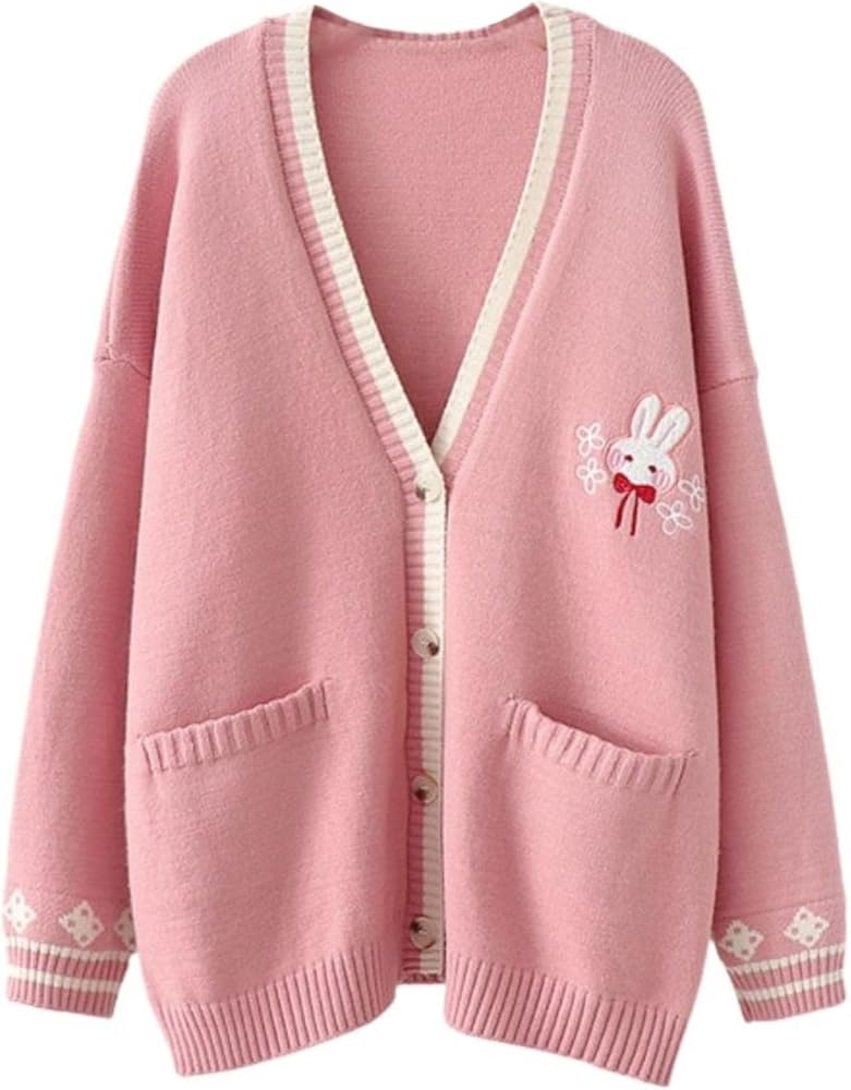 FindThy Women’s Cute Rabbit Embroidered Cardigan Long Sleeve Pocketed Kawaii Cardigans Sweater