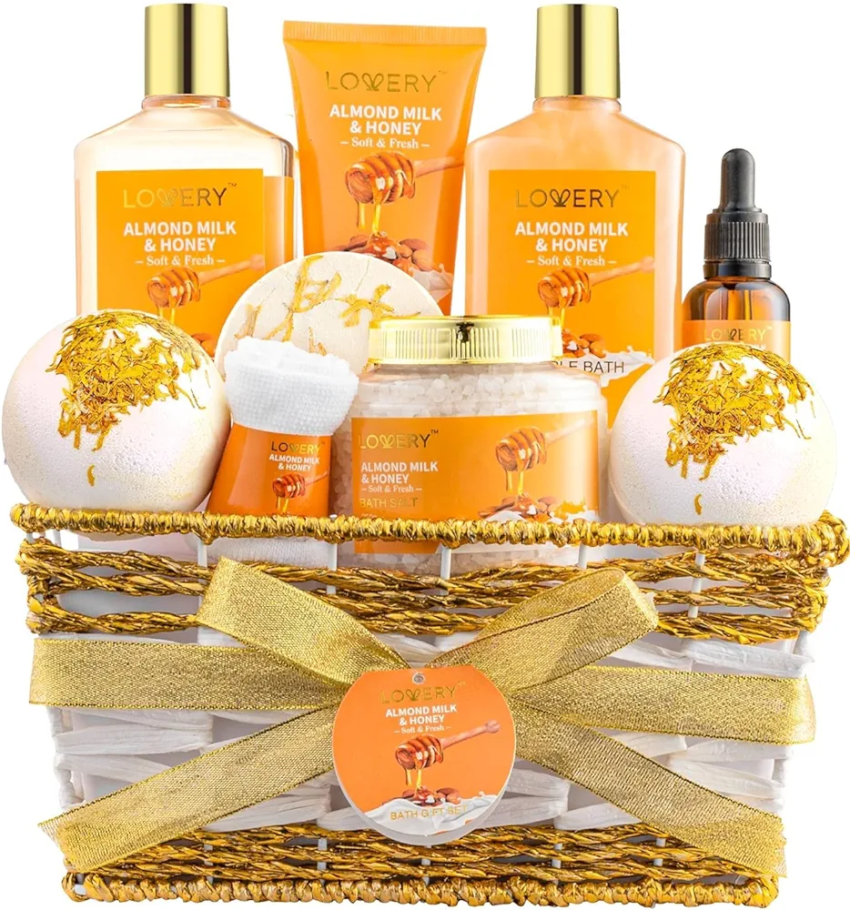 Birthday Gifts for Women Gift Basket for Her - 10 Pc Almond Milk & Honey Beauty & Personal Care Set - Home Bath Pampering Package for Relaxing - Spa Self Care Kit - Mom Gifts, Anniversary Gift