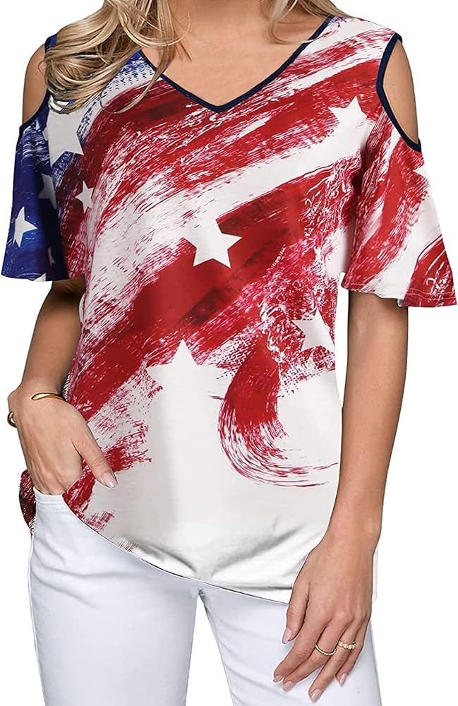 VVNTY American Flag Heart Shirt Women Patriotic T-Shirt 4th of July Graphic Tees Shirts USA Flag Star Stripe Tops