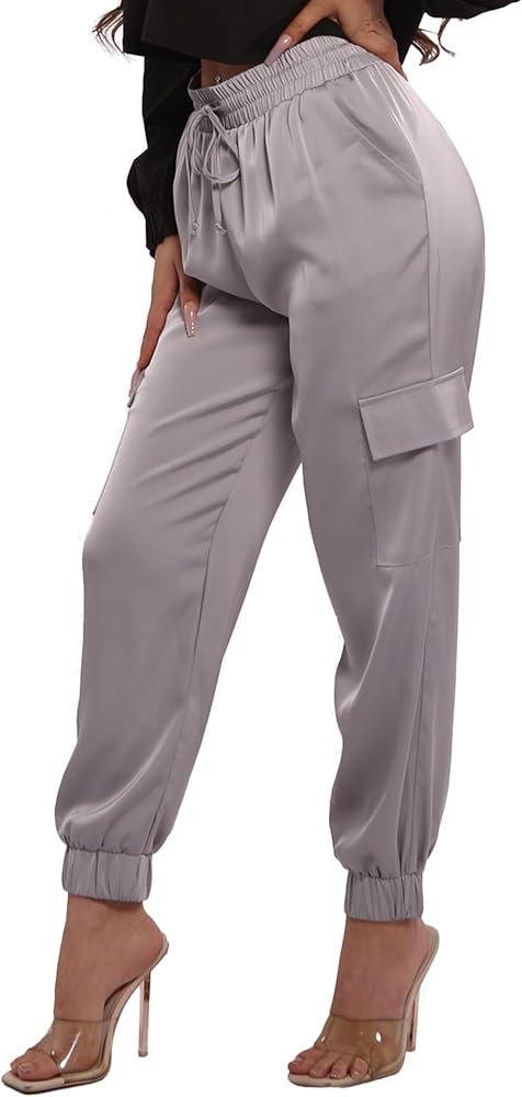 ShoSho Womens Satin Jogger Cargo Pants with Drawstrings