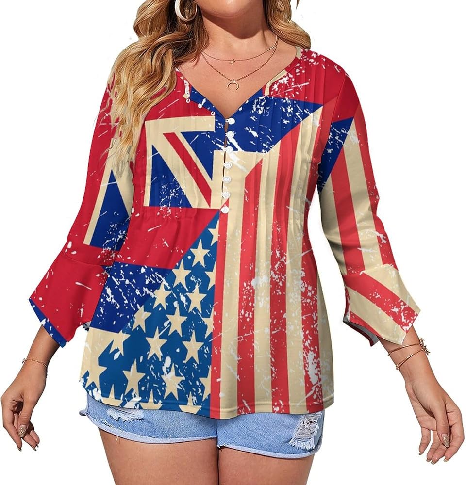 American and Hawaii Retro Flag Cute Womens T-Shirts 3/4 Sleeve Button Down Tee Tops Blouse Summer Beach