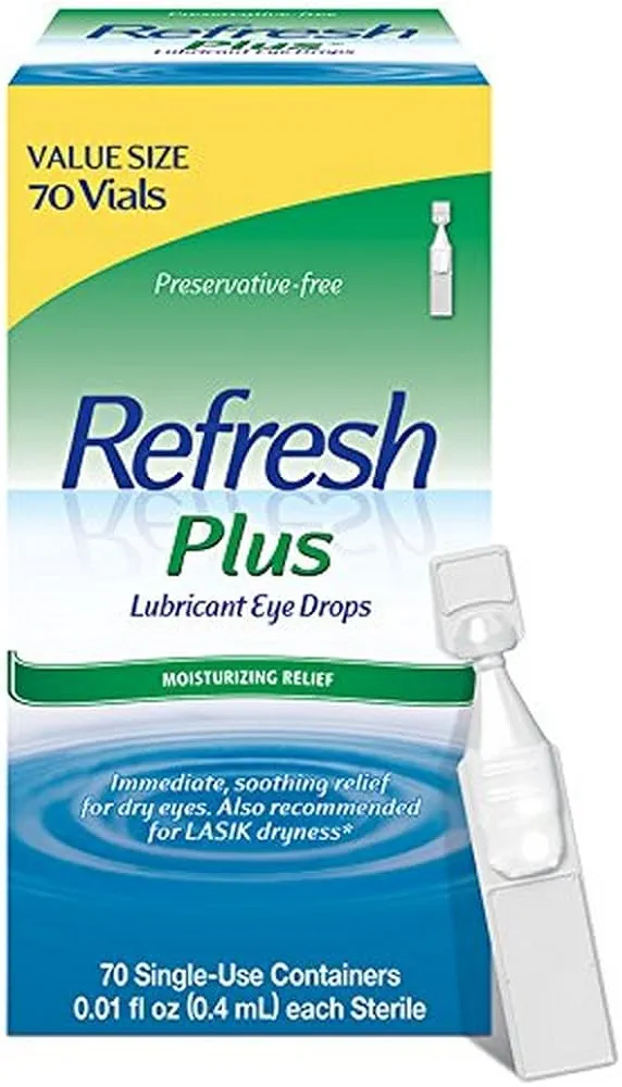 Refresh Plus Lubricant Eye Drops Preservative-Free Tears, 0.01 fl oz (0.4 mL), 70 Single-Use Containers