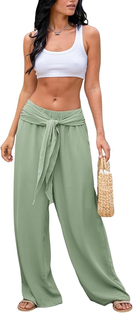 CUPSHE Women Pants High-Waist Front Tie Loose Fit Pant Wide Leg Casual Beach