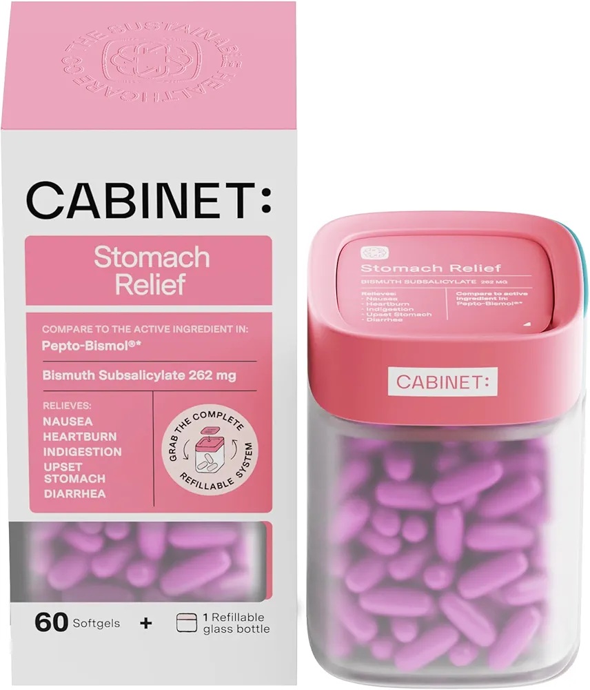 Cabinet: Stomach Relief Bismuth Subsalicylate 262mg, 60 Count | Anti-Diarrheal Relief for Upset Stomach, and Indigestion (Starter Kit)