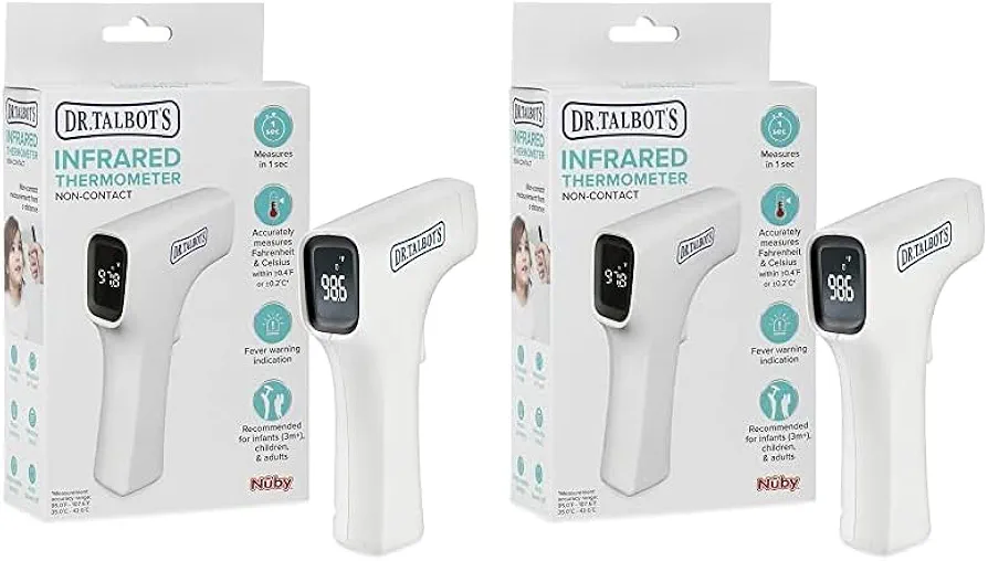 Dr. Talbot's Easy Handle Non-Contact Infrared Thermometer with Led Screen, Fever Warning Indicator, Accurate 1 S Reading for Baby, Kids, & Adults, White (Pack of 2)