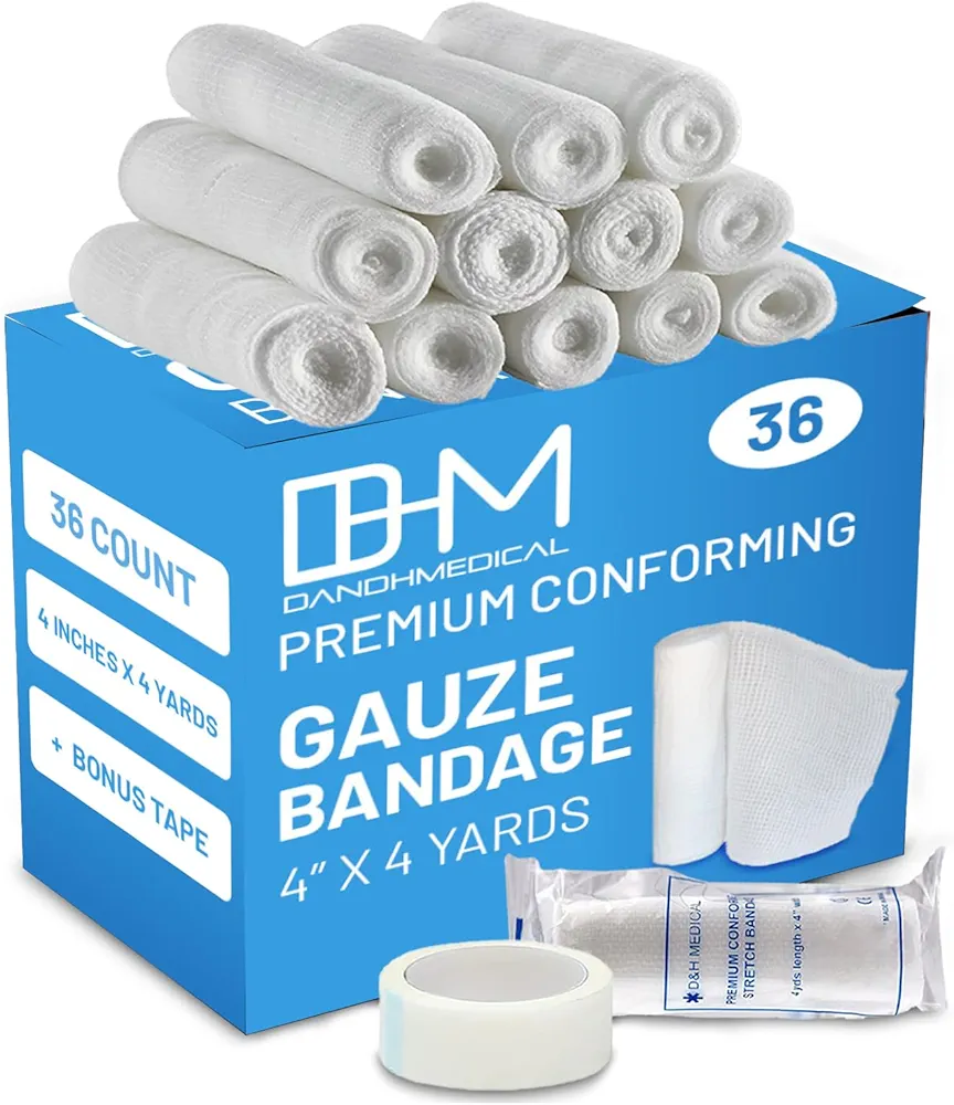 D&H Medical Pack of 36 Gauze Bandage Roll 4 Inches x 4.1 Yards with Tape - Medical Gauze Wrap for Wounds Care - Easy to Use Cotton Gauze Rolls for Hand Wrap Dressing Ankles & Knees