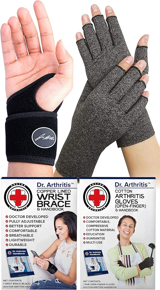 Bundle: Copper Lined Wrist Support + Compression Arthritis Gloves (XL)