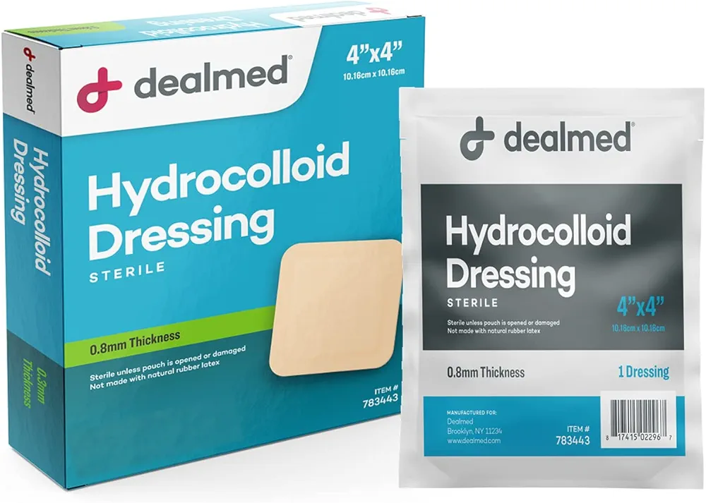 Dealmed Hydrocolloid Dressings–4” x 4” Standard Thickness Hydrocolloid Bandages, Wound Care Products for First Aid Kits, Box of 10 and Individually Packed