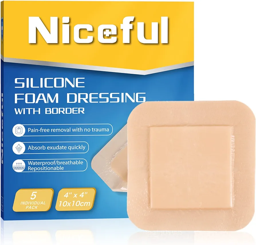 Silicone Foam Dressing 4"x4", Waterproof Silicone Bandages with Border Adhesive, High Absorbency Bed Sore Bandages Wound Care Dressing (2.5"X2.5" Pad), 5 Packs, FSA HSA Eligible