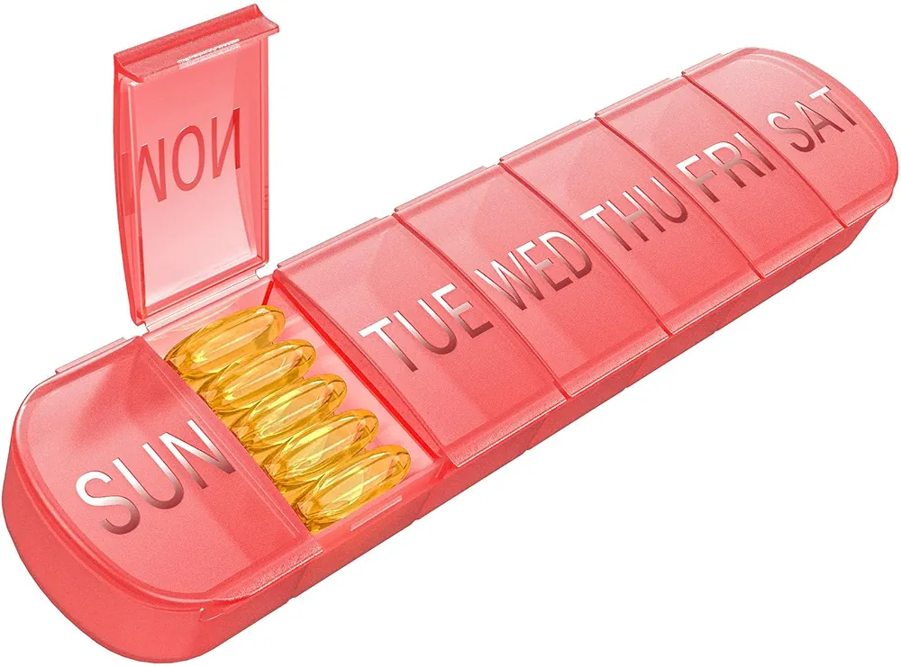 Weekly Pill Organizer 1 Time a Day, Travel Pill Box 7 Day Extra Large Compartments Vitamin Holder, Daily Pill Container 7day XL Medicine Dispenser for Fish Oil Case (Red)