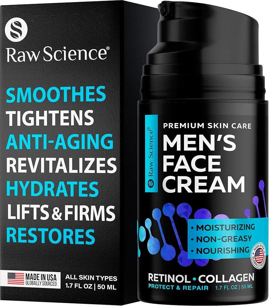 Men's Face Cream: Retinol Anti Aging Face Moisturizer for Men with Collagen, Hyaluronic Acid - Day & Night Anti Wrinkle Mens Skin Care - Vitamins E & A, Avocado Oil Facial Moisturizer for Man - 1.7 Oz